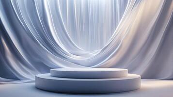 Elegant Display Podium with Flowing Fabric Backdrop for Product Showcasing and Promotion photo