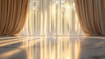 Sunlit serenity, A window draped with elegant curtains casts golden light on marble floors photo