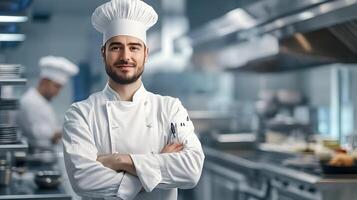 Portrait of confident chef with crossed arms in industrial kitchen wearing uniform photo