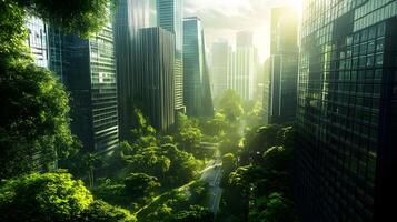 Futuristic cityscape blending modern architecture with lush green spaces and sunlight photo