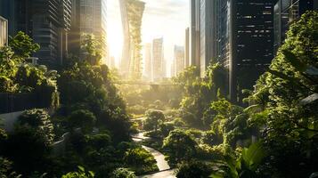 Futuristic cityscape blending nature and architecture, showcasing sustainable urban design photo