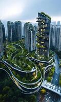 Innovative urban landscape showcasing modern architecture intertwined with green spaces photo