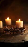 Crown of thorns and glowing candles on a wooden table, symbolizing sacrifice photo