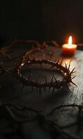 Symbolic representation of faith the Crown of Thorns with a dim candle illuminating photo