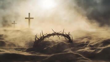 Crown of Thorns on Sandy Ground with Crosses in the Background Depicting Easter photo