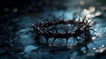 Crown of thorns, symbolizing sacrifice and suffering against a dark, reflective background photo