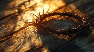 Crown of thorns lying on wooden surface illuminated by soft sunlight during easter photo