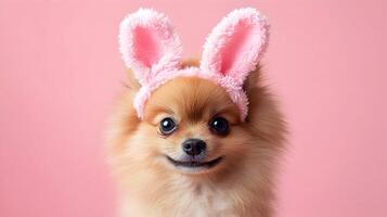 Charming portrait of a Pomeranian puppy with bunny ears on a pink background for Easter photo