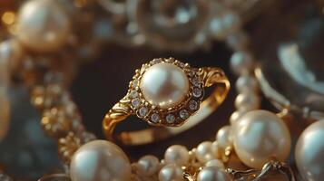 Exquisite Gold Ring Adorned with Pearls and Diamonds Displaying Timeless Beauty photo