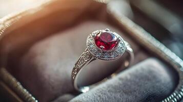 Elegant Ruby Ring with Diamond Halo Resting in a Velvet Box, Symbol of Love photo