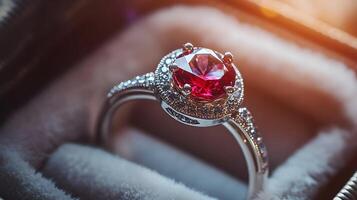 Close-up of an elegant silver ring adorned with sparkling diamonds and a ruby center stone photo