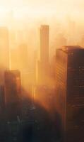 Cityscape bathed in golden light, skyscrapers pierce through soft hazy atmosphere photo