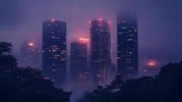 Captivating cityscape at night shrouded in mysterious fog with vibrant neon lights photo