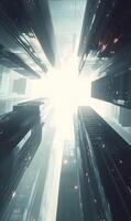 A Captivating Low-Angle View of Futuristic Skyscrapers Reaching Towards a Radiant Horizon photo
