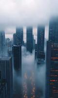 Spectacular cityscape view of modern architecture shrouded in atmospheric fog photo