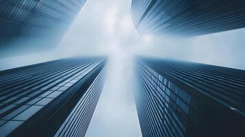 Modern skyscrapers pierce through the dense fog, creating a dramatic cityscape view photo