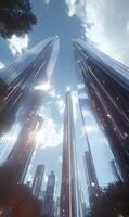 Dramatic perspective of gleaming skyscrapers reaching towards a bright, cloudy sky photo