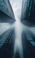 Urban giants obscured by fog, skyscrapers reaching for the heavens amidst the mist photo