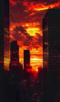 Spectacular fiery sunset over urban skyline with skyscrapers creating striking contrast photo
