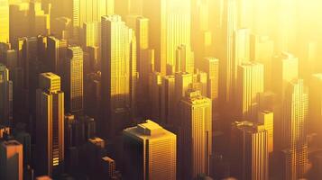 Golden metropolis aerial view with skyscrapers bathed in warm light for urban development photo