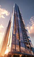 Modern Skyscraper Reaching Skyward, Reflecting Sunlight on Glass Facade, Architectural Marvel photo