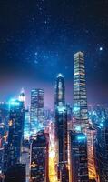 Spectacular Night View of Urban Skyline Under Starry Sky, Illuminated Metropolis at Night photo