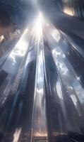 Dramatic view of skyscrapers reaching towards sunlit sky in modern city center photo