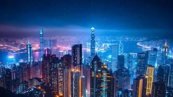 Captivating aerial view of Hong Kong's vibrant cityscape illuminated at night with modern buildings photo