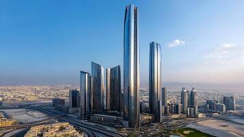 Modern skyline of Dubai featuring sleek skyscrapers against a clear blue sky during daytime photo