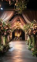 Aisle adorned with floral arrangements and soft drapery creating a romantic ambiance photo