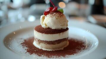 Indulge in a Decadent Delight, A Classic Tiramisu Creation Adorned with Cocoa and Cherry photo