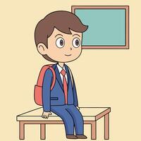 a cartoon boy sitting on a desk with a backpack vector