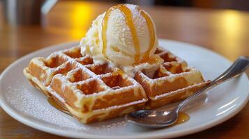 Delicious belgian waffle topped with creamy ice cream and sweet syrup, ready to indulge photo