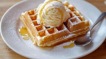Delicious golden belgian waffle topped with a scoop of vanilla ice cream and maple syrup photo
