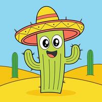 cartoon cactus with sombren in the desert vector