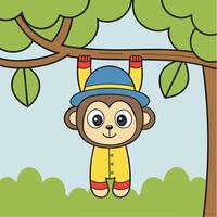 monkey in a hat hanging on a tree vector