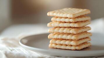 Stacked rice crackers presented on a plate showcasing their texture and golden crust photo