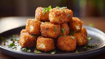 Delicious and Crispy Fried Tofu Bites Stacked on a Plate Ready to Enjoy as an Appetizer photo