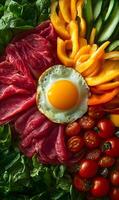 Vibrant and fresh Korean bibimbap bowl featuring colorful vegetables and delicious fried egg photo