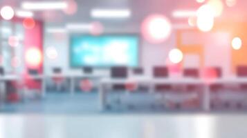 Blurred computer laboratory view with rows of monitors, keyboards, and colorful background, and lights photo