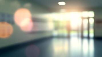 Blurred Vision A bright and sleek school corridor with radiant light shining in an out of focus photo. photo