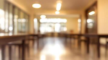 Blurred School Cafeteria with Long Tables and Chairs Creating an Abstract Visual Experience photo