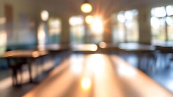 Blurred School Cafeteria Soft light and serene long tables create a peaceful atmosphere. photo