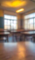 Abstract Spacious Learning Environment A Blurred Image of a Vibrant Classroom Setting photo