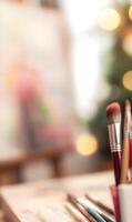 A Blurred Art Studio Setup Featuring Brushes, Canvases, and Bokeh Lights, Evoking Creativity photo