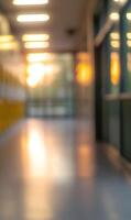 Abstract view of modern school hallway with glowing lights and blurred details inside photo