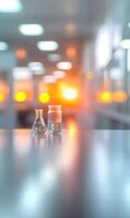 Glassware on a counter in a brightly lit research laboratory for chemistry applications. photo