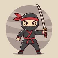 cartoon ninja with sword and red bandana vector