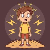a cartoon boy standing in the middle of a field with lightning coming out of the ground vector