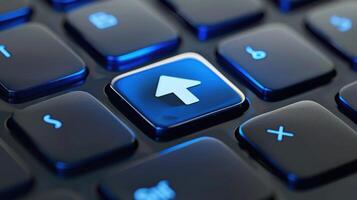 glowing blue arrow key on a sleek keyboard photo